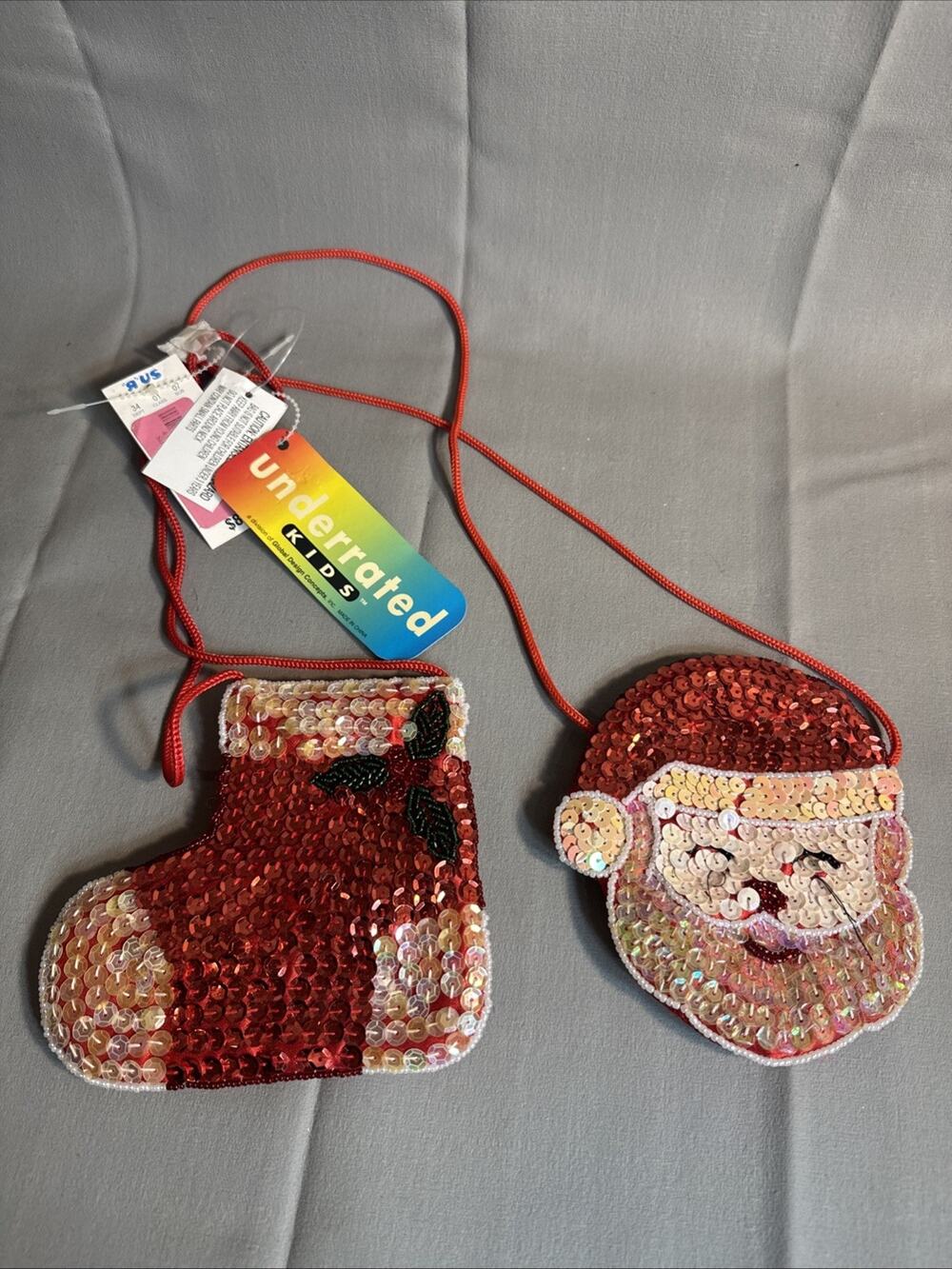 Vintage mini bag Christmas santa Sequin Beaded Stocking Trinket Purse 5” LOT 2